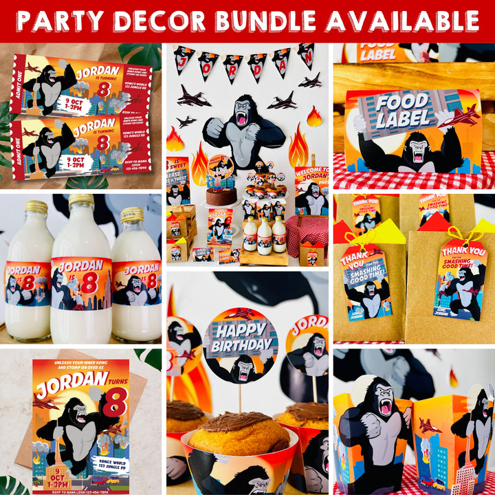 King Kong party ideas, King Kong party decorations, printable party supplies, jungle-themed birthday, King Kong party printables, gorilla party theme