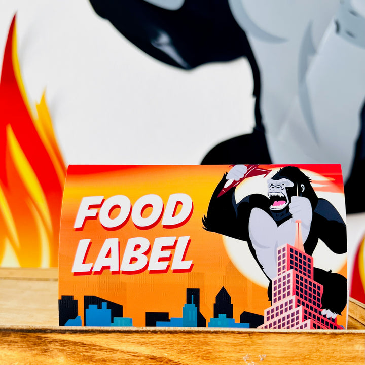 King Kong food labels, printable party labels, jungle-themed food tags, King Kong birthday decor, gorilla party supplies