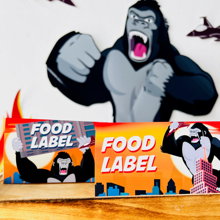 King Kong food labels, printable party labels, jungle-themed food tags, King Kong birthday decor, gorilla party supplies
