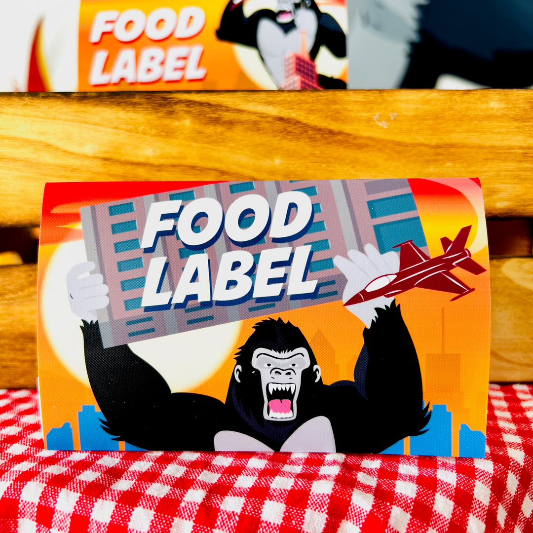 King Kong food labels, printable party labels, jungle-themed food tags, King Kong birthday decor, gorilla party supplies