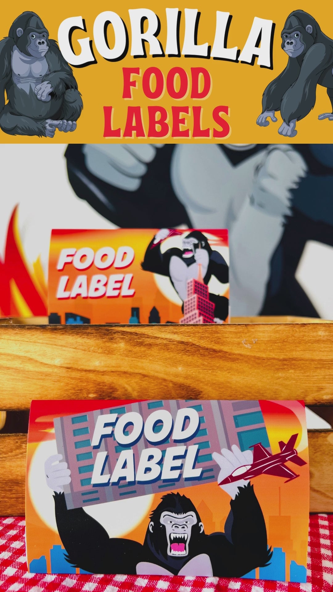 King Kong food labels, printable party labels, jungle-themed food tags, King Kong birthday decor, gorilla party supplies