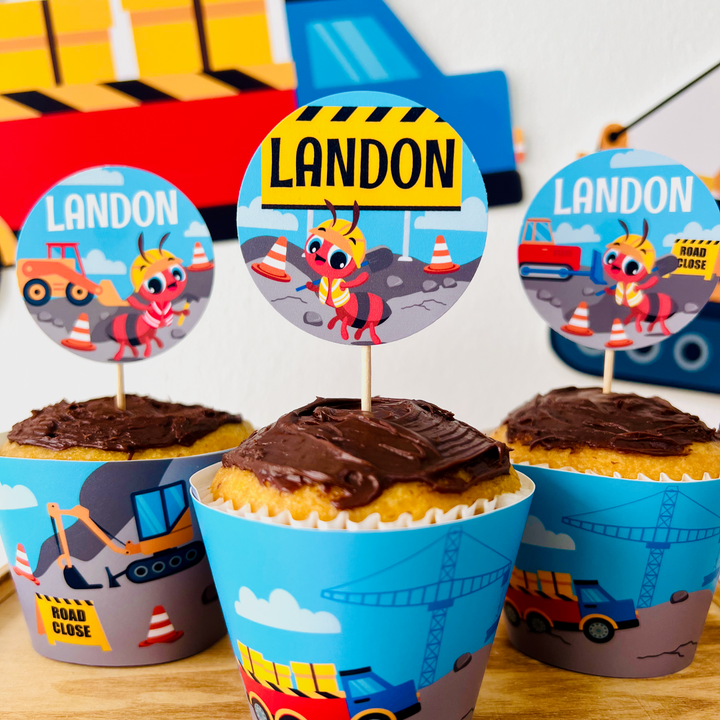 Ants Construction Trucks Birthday Party Cupcake Toppers