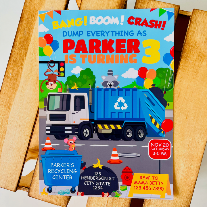 Blue Garbage Truck Invitation