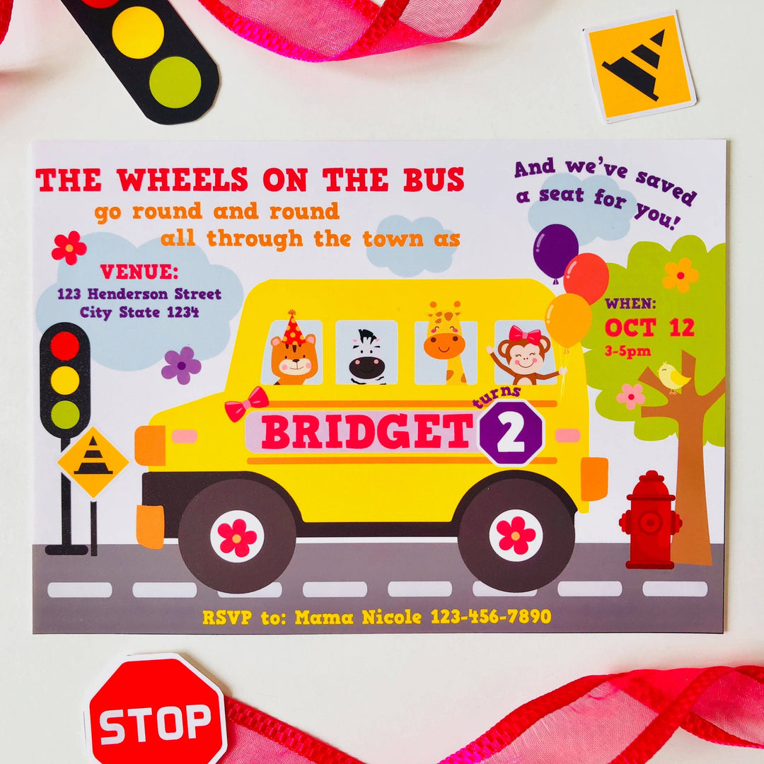 Girl Wheels on the Bus Invitation