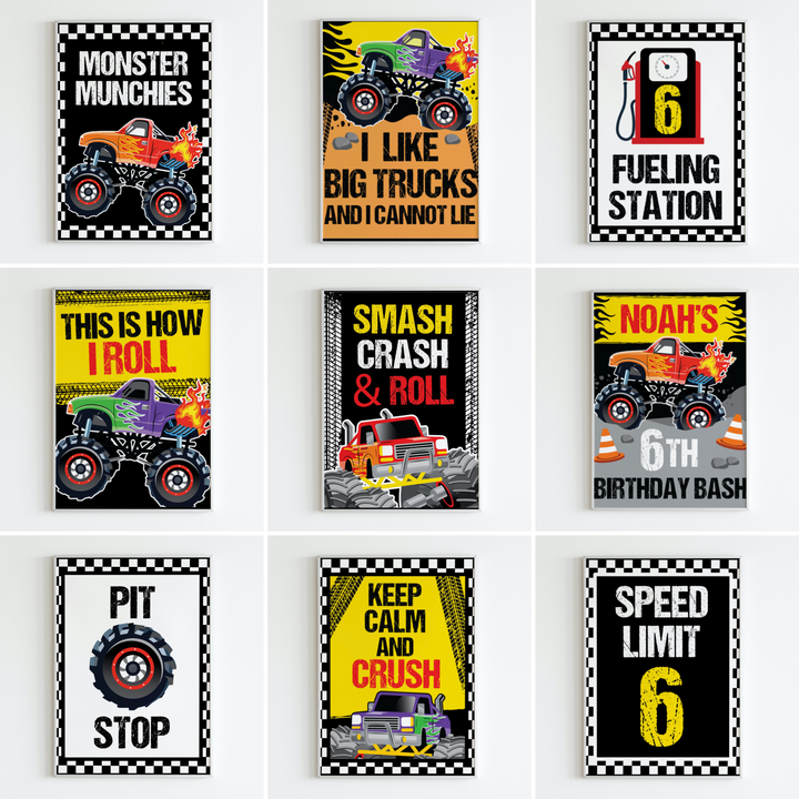 Monster Truck Party Signs Printable Pack with 10 vibrant Monster Jam decorations, featuring big rigs-themed signs like Keep Calm and Crush and Monster Munchies for large truck birthday parties.