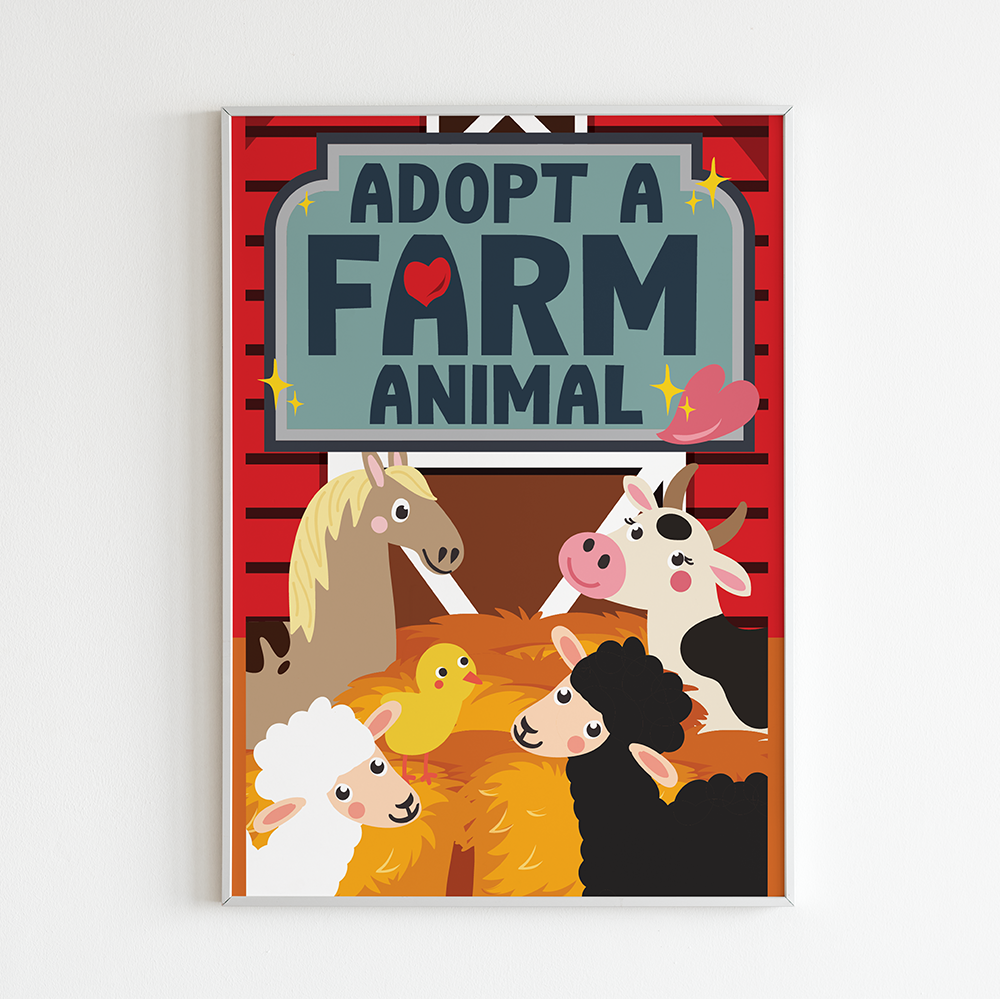 Old Macdonald Farm Poster 'Adopt a Farm Animal'.