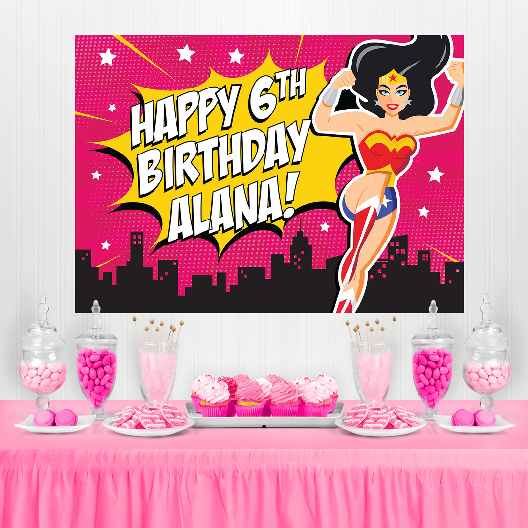 Wonder Woman Birthday Backdrop Pink