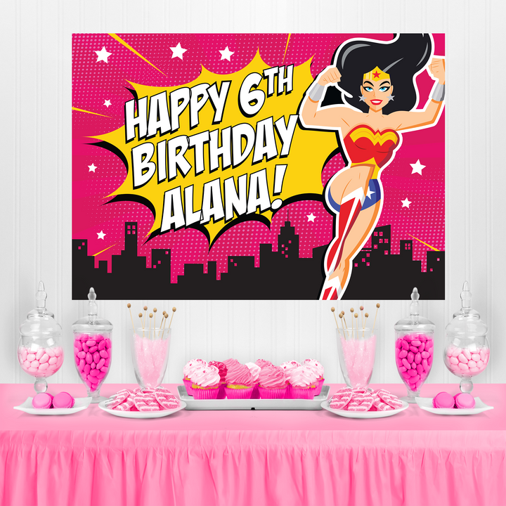 Wonder Woman Birthday Backdrop Pink