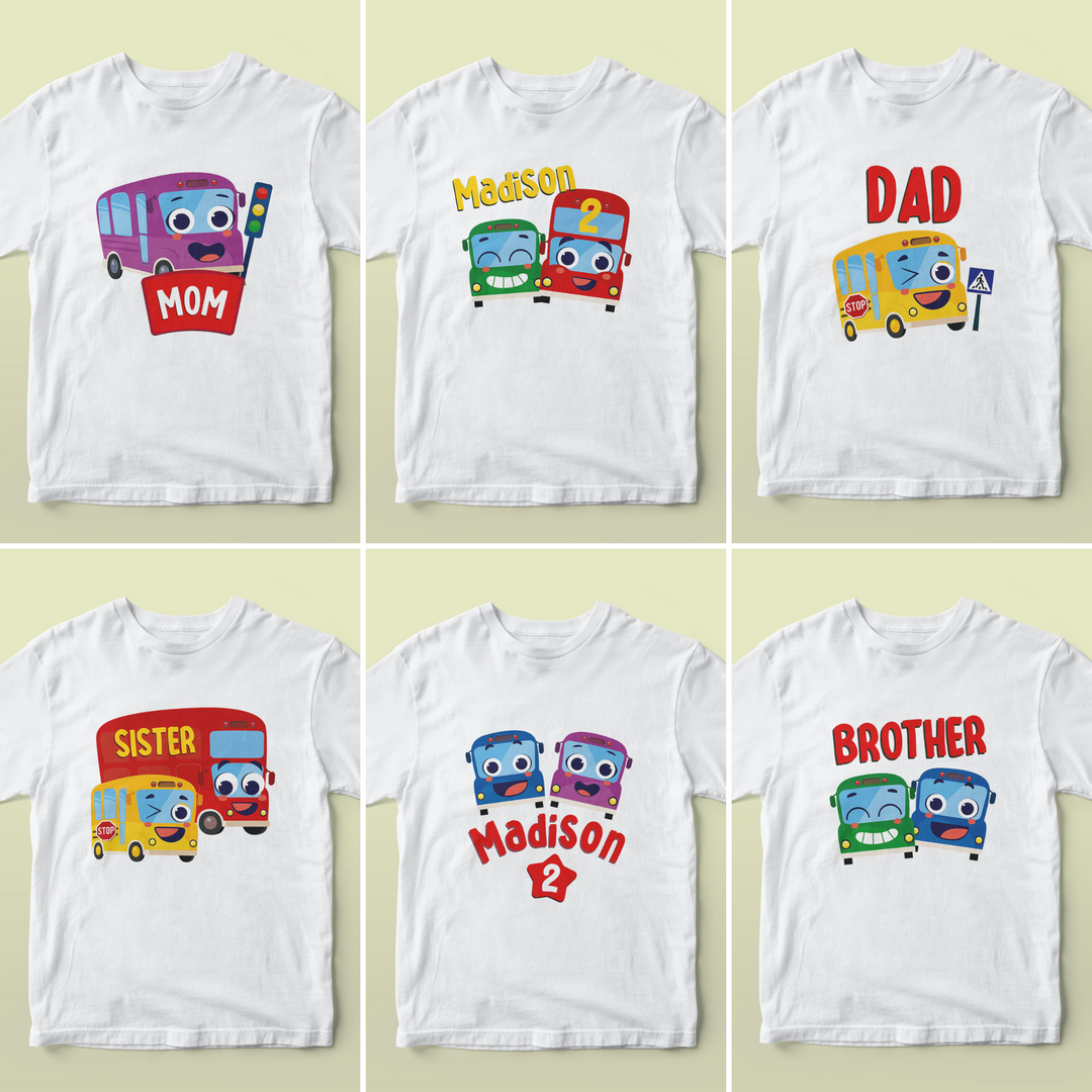 Wheels on the Bus Go Round Birthday Shirt Designs Family Bundle