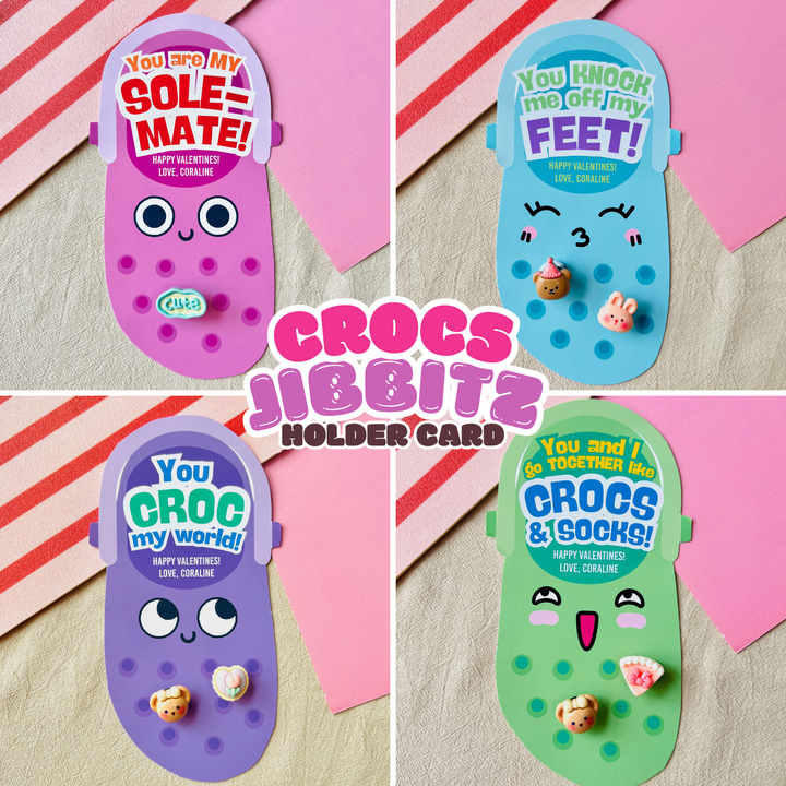 Gender-neutral printable Jibbitz organizer Valentine cards bundle with puns and charms for busy moms' quick DIY gifts