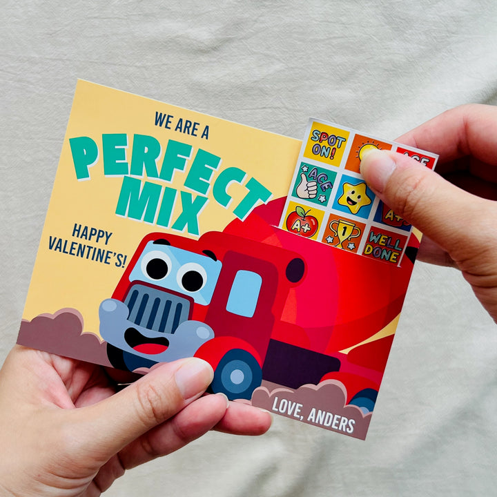 Valentine's Day card with a red construction truck and sticker gift
