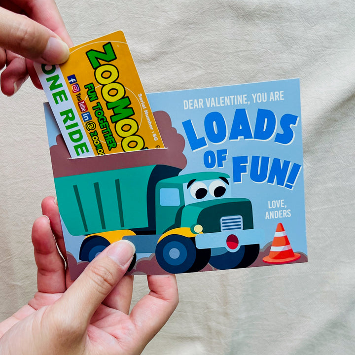 Valentine's Day card with a cartoon truck and colorful design