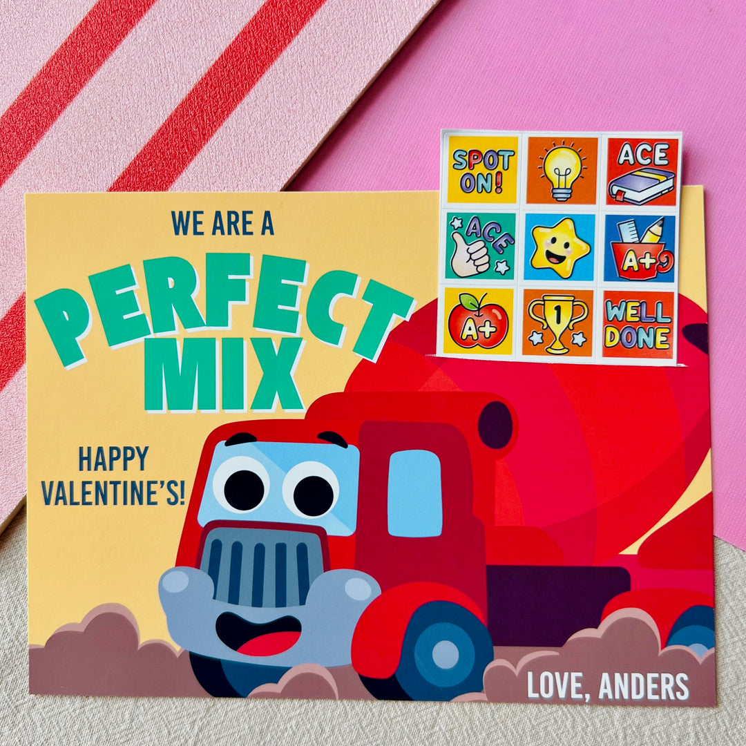 Yellow printable cement mixer sticker sheet sleeve featuring "We Are a Perfect Mix" pun for construction lovers' party favors