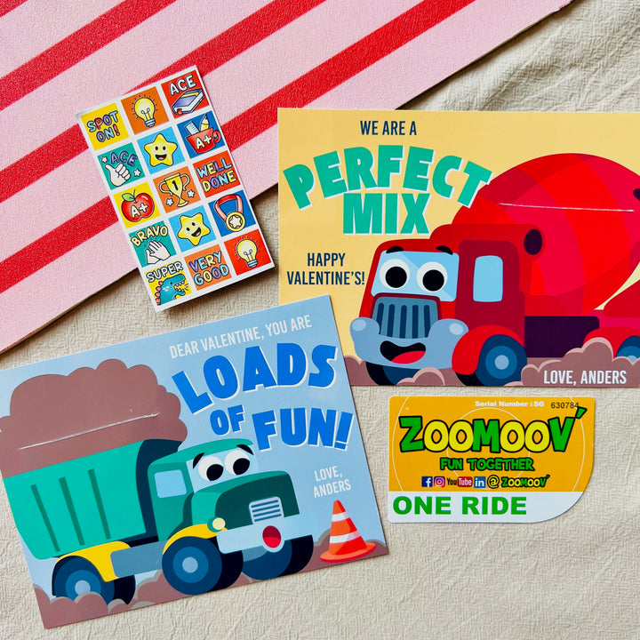 Themed printable gift card sleeve for construction enthusiasts with red mixer truck and pun for classroom valentines or holiday gifts