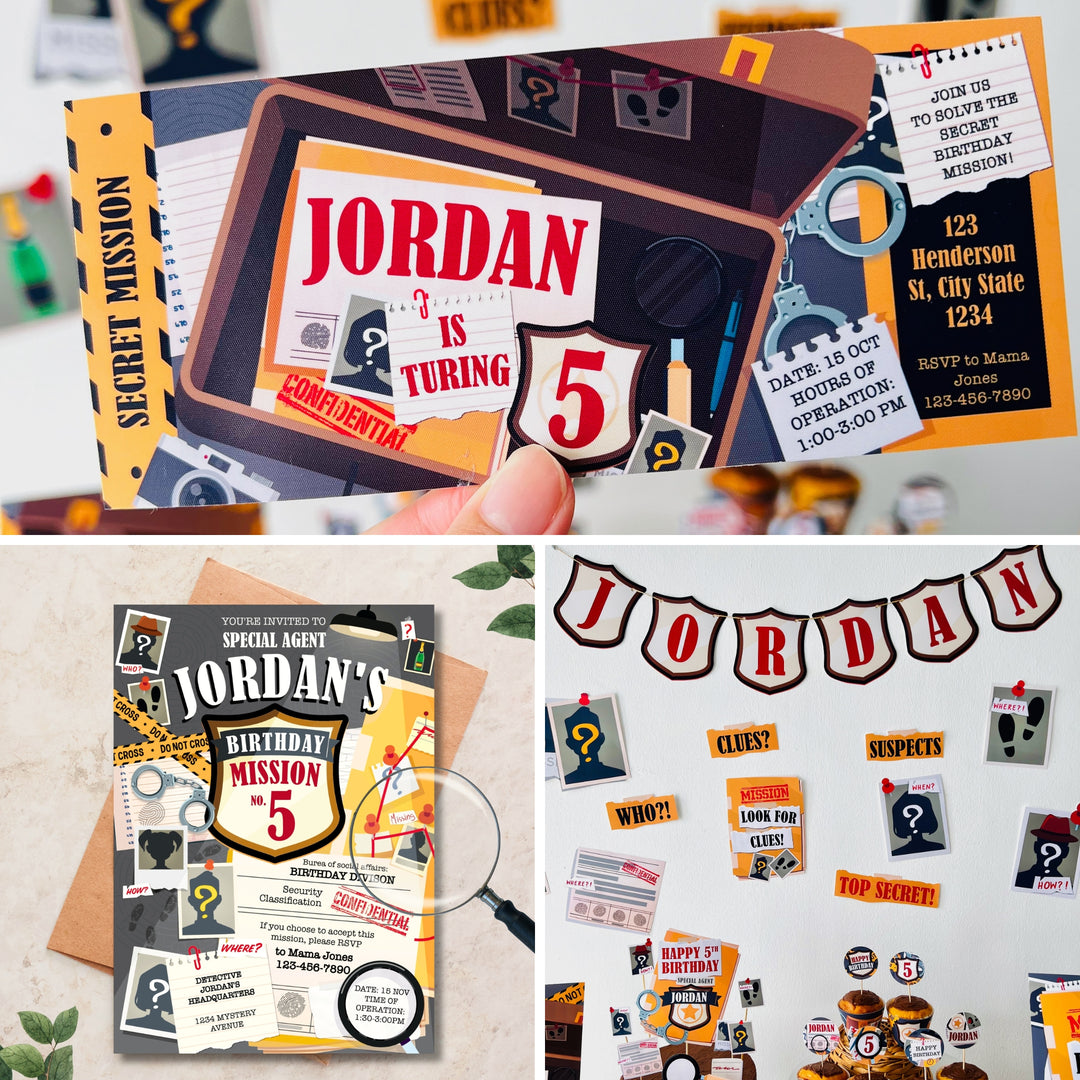 Detective Party Decorations, Spy Party, Secret Agent Party, Murder Mystery Party, Special Agent Party, Sherlock Holmes Birthday Party Decor, Party Favors, Invitation, Party Food Table Decor