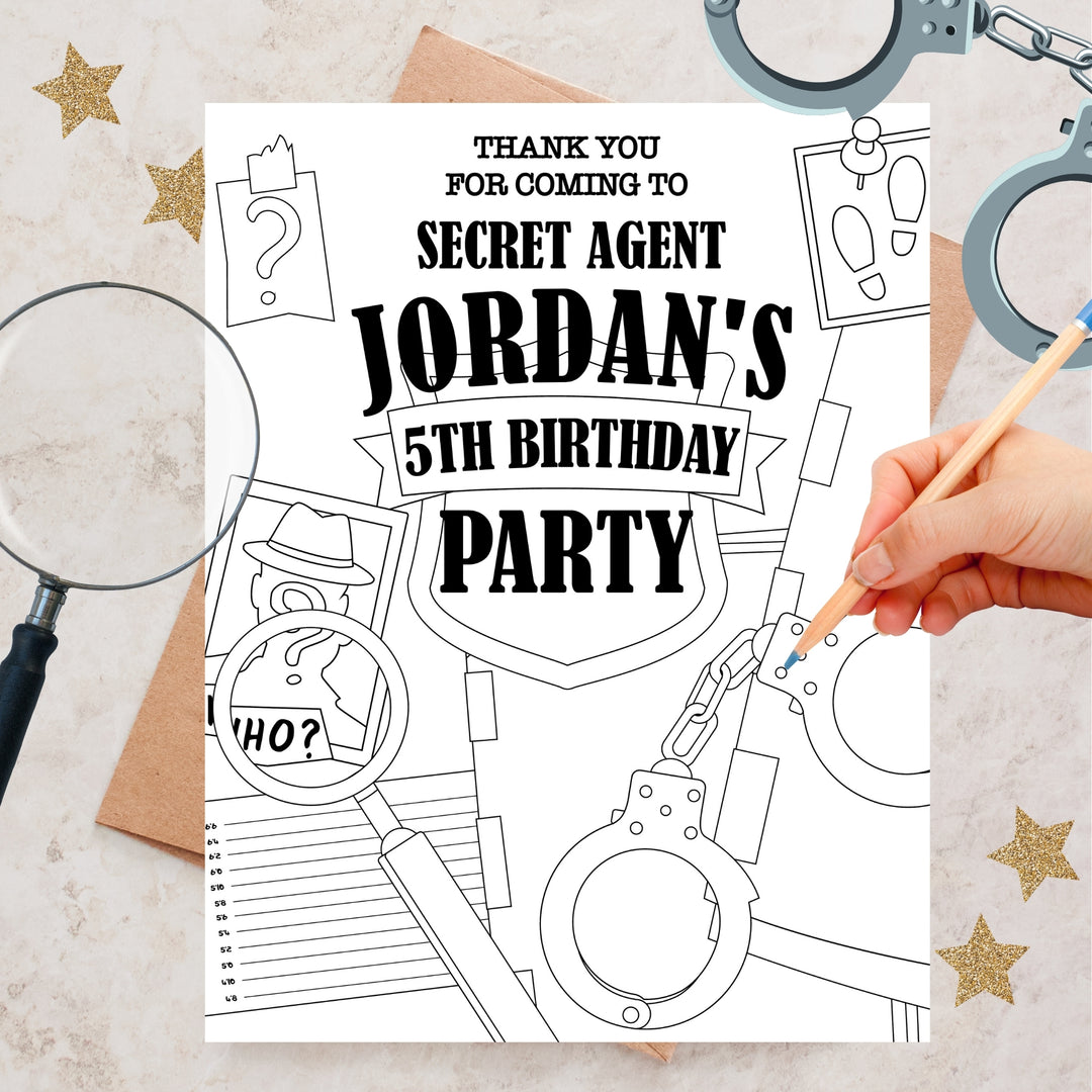 Mystery Party Kids Birthday Coloring Page Printable | Detective Birthday Coloring Sheet, Secret Agent Party Coloring, Spy Coloring Party Activity, Crime Solving Coloring Page | Sherlock Holmes Coloring, Undercover Agent Game