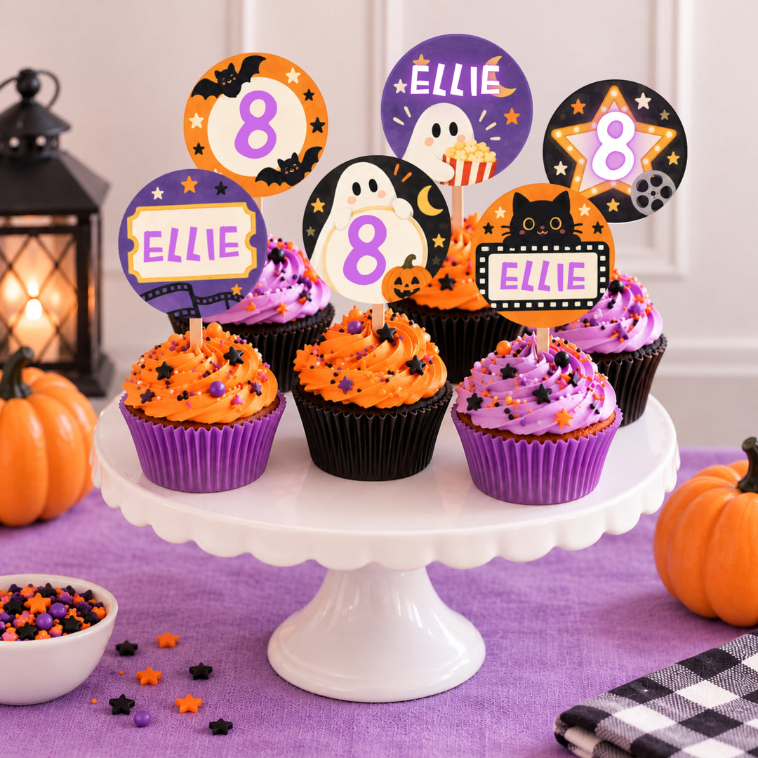 Halloween movie night cupcake toppers with personalized name and age designs on orange and purple cupcakes
