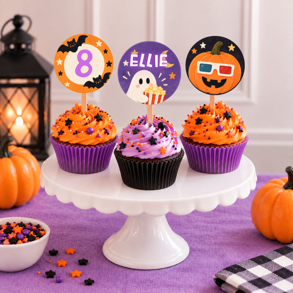Cute Halloween cupcake toppers featuring ghost, popcorn and pumpkin designs for a movie night birthday party