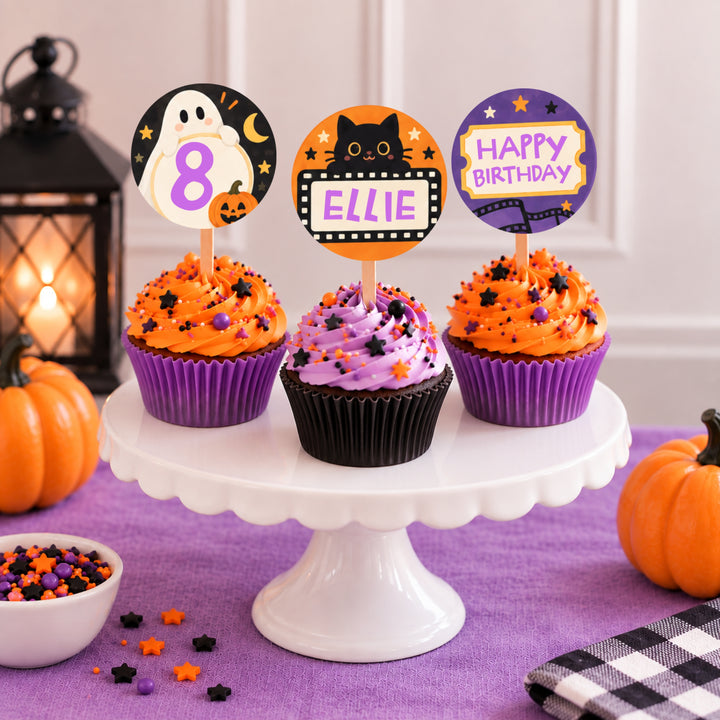 Halloween birthday cupcake toppers with ghost, black cat, personalized name and Happy Birthday designs