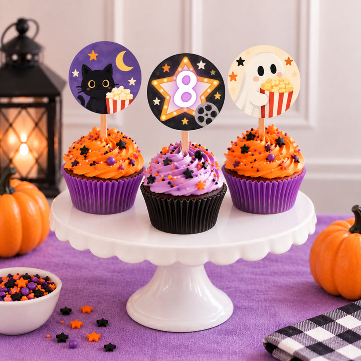 Halloween movie night cupcake toppers featuring black cat, popcorn, ghost, movie star and film reel designs