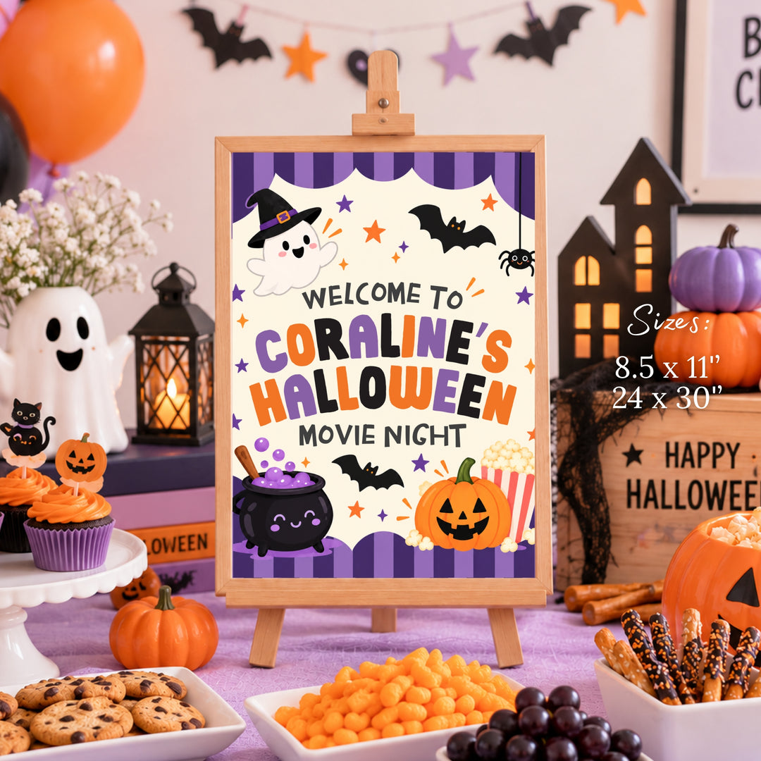 Halloween Movie Night welcome sign printable displayed at a Halloween party entrance with pumpkins, cupcakes, ghost decorations and purple orange party decor