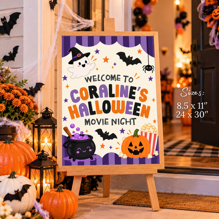 Halloween Movie Night welcome sign displayed at a decorated front door with pumpkins, lanterns, bats and spooky Halloween porch decorations
