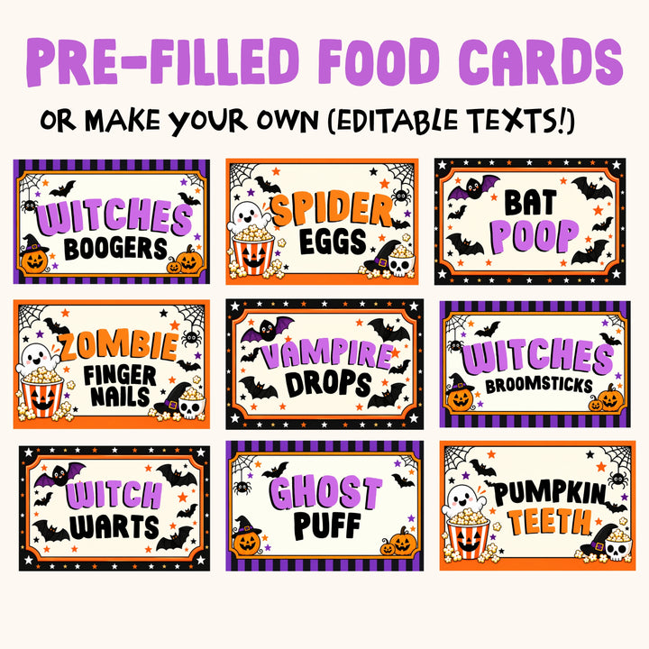 Editable Halloween food tent card templates for popcorn bars and snack tables, with spooky Halloween snack names and customizable Canva text