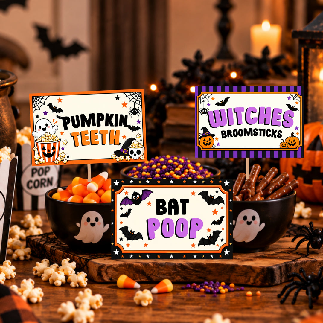 Editable Halloween food labels for popcorn bar toppings, Halloween party snacks and dessert tables, including vampire drops, witches broomsticks and spider eggs