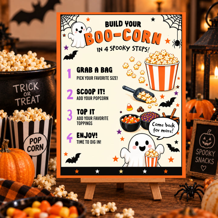 Build your own popcorn bar Halloween sign with four easy snack station steps
