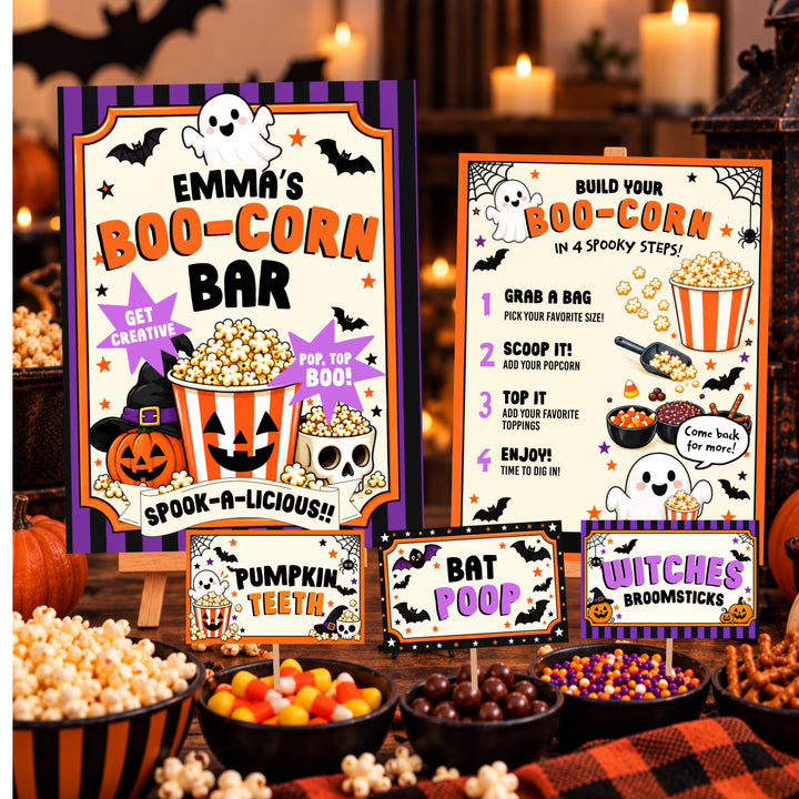 Halloween popcorn bar party decorations with printable signs, editable food labels, popcorn, candy and spooky Halloween snacks for kids