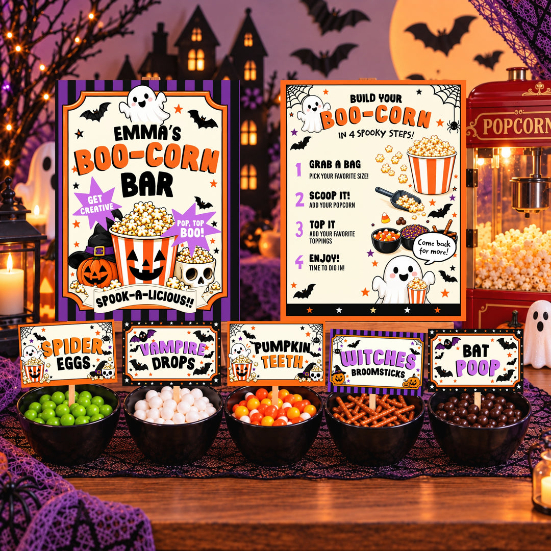 Halloween popcorn bar printable set with popcorn signs and editable food labels