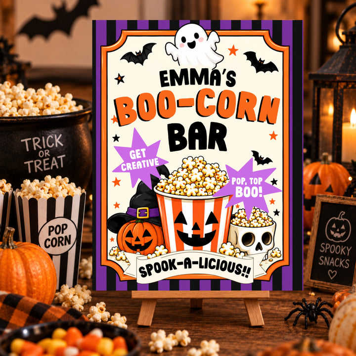 Halloween popcorn bar sign printable with ghosts, bats, pumpkins and popcorn