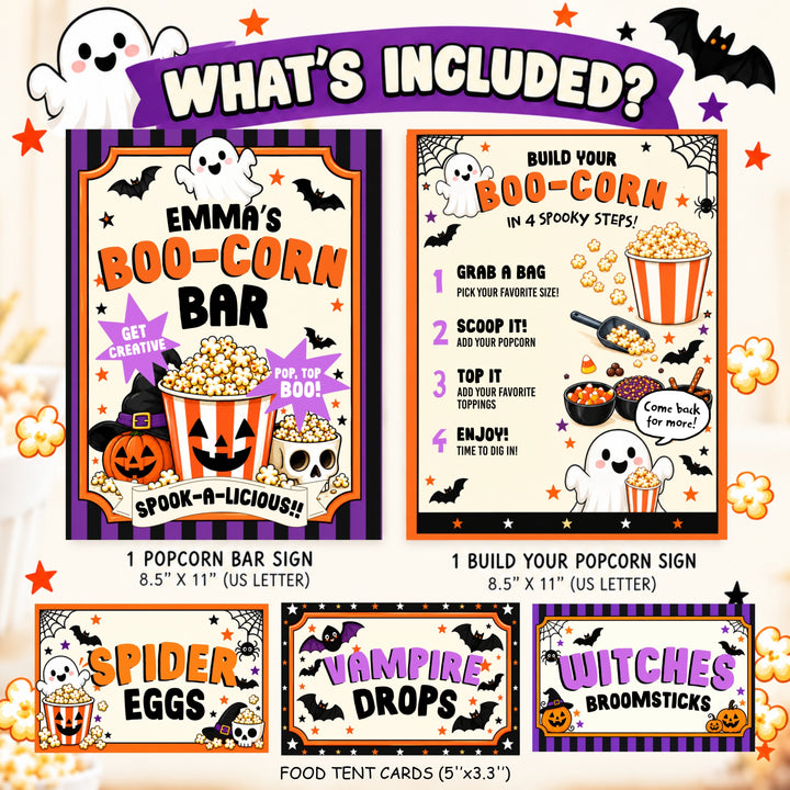 Halloween popcorn bar printable kit including 8.5x11 popcorn bar signs, build your popcorn sign and editable Halloween food tent cards in Canva