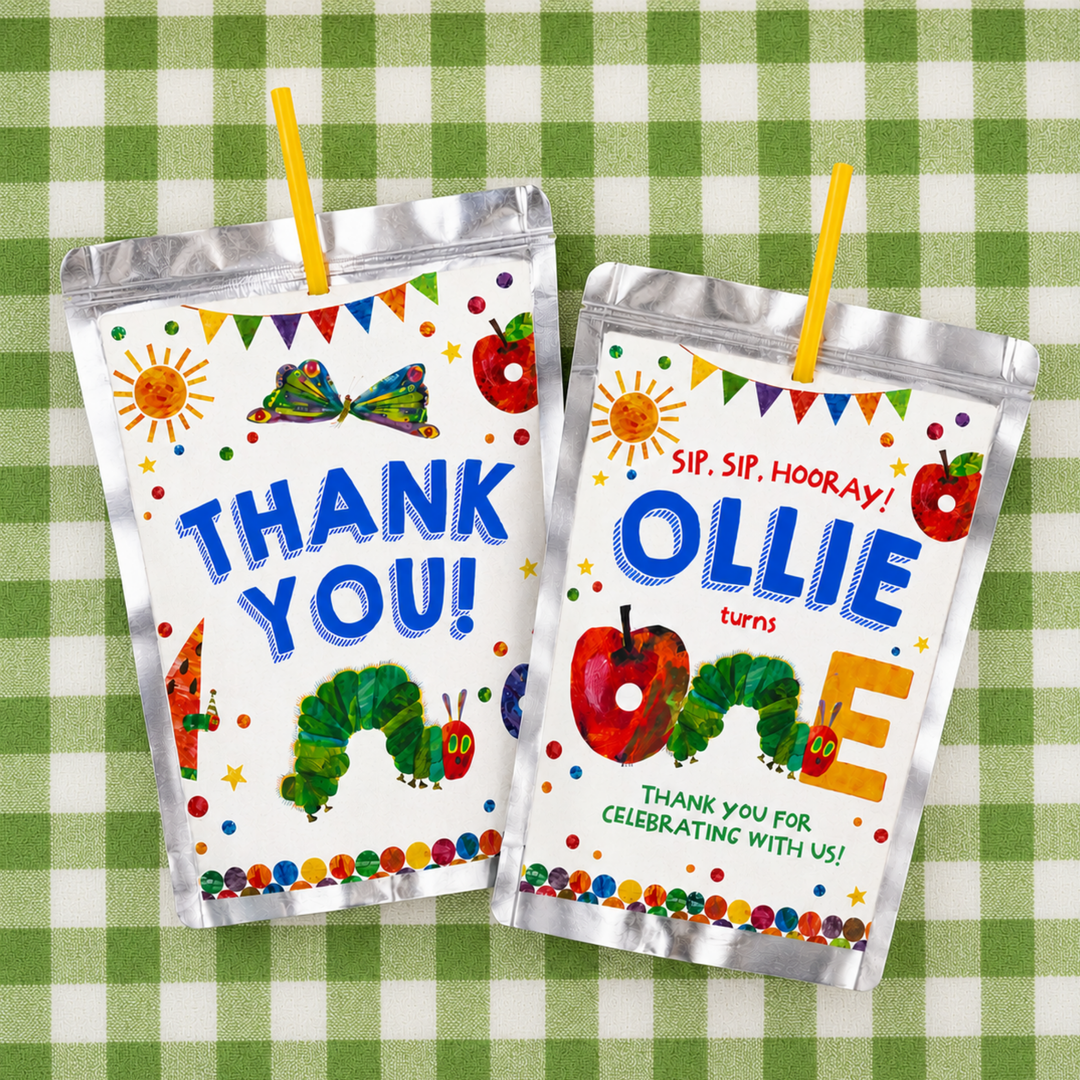 Hungry Caterpillar Capri Sun juice pouch labels printable with colorful birthday artwork, Eric Carle's caterpillar illustrations, butterfly graphics, and personalized party wording on Capri Sun Juice pouches.