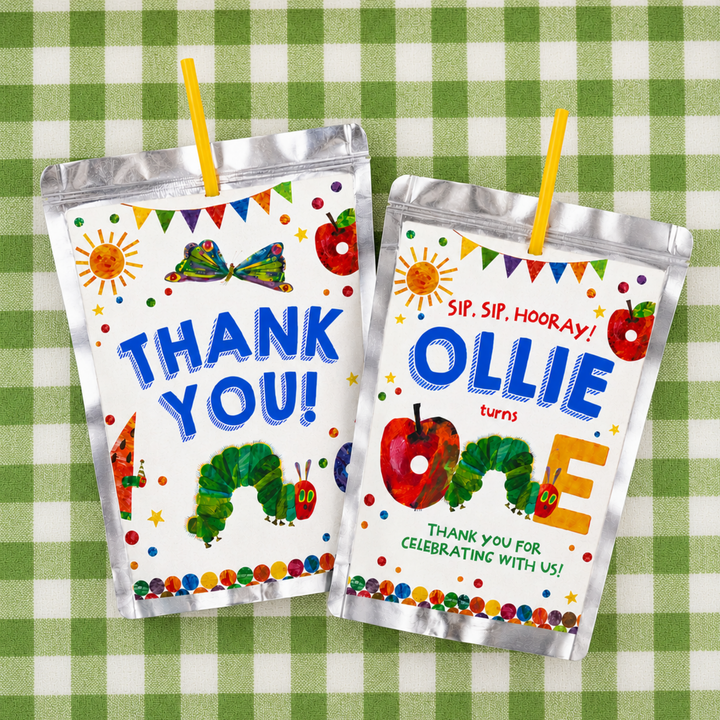 Hungry Caterpillar Capri Sun juice pouch labels printable with colorful birthday artwork, Eric Carle's caterpillar illustrations, butterfly graphics, and personalized party wording on Capri Sun Juice pouches.
