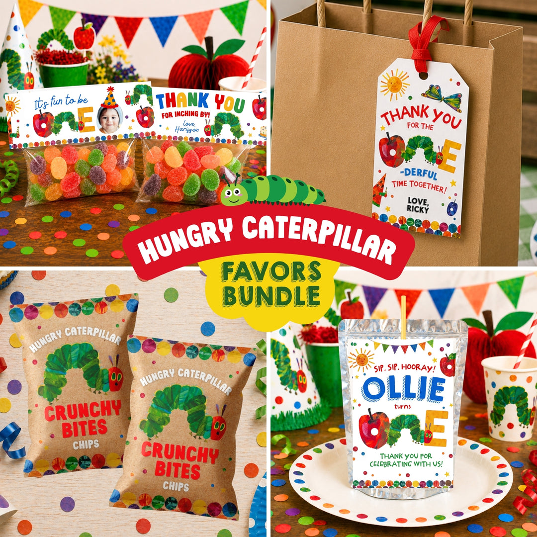 Collage of 'Hungry Caterpillar' themed party favors including chip bags, gift tags, capri sun juice pouch and treat bag toppers