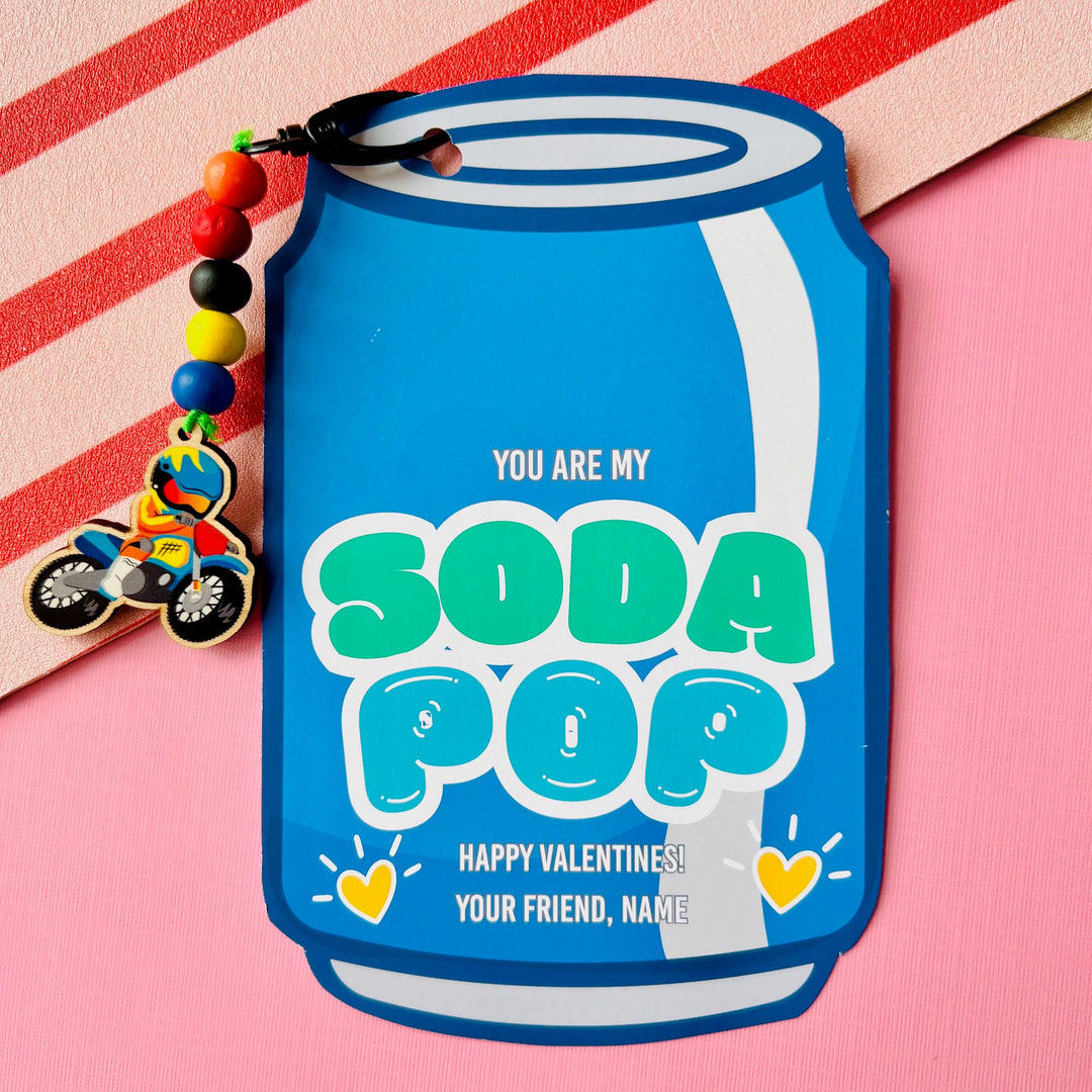 Blue soda pop can-shaped gift card with keychain holder