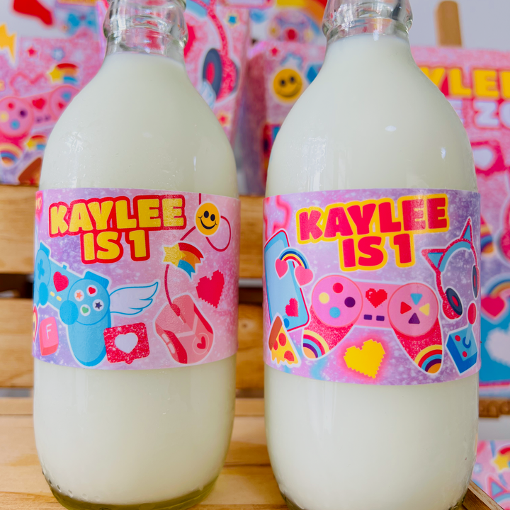 Editable pink gamer girl party bottle wrappers instant download PDF featuring pixel designs
