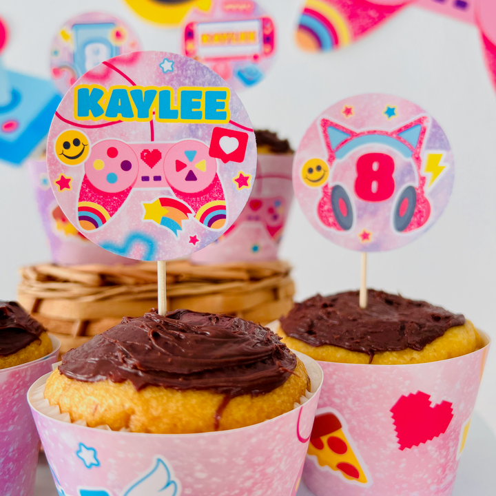Close-up of pink gamer girl cupcake topper set showing detailed graphics and colors