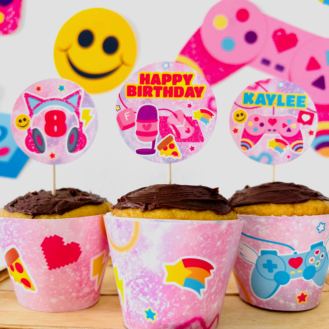 Corjl customizable gamer girl cupcake toppers with level up icons and custom options