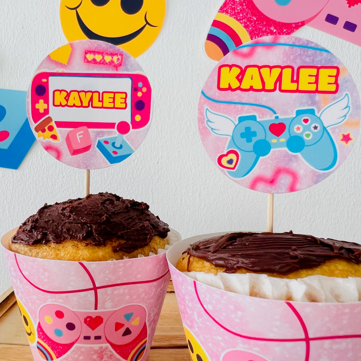 Themed pink gamer girl cupcake topper collection for matching birthday treats