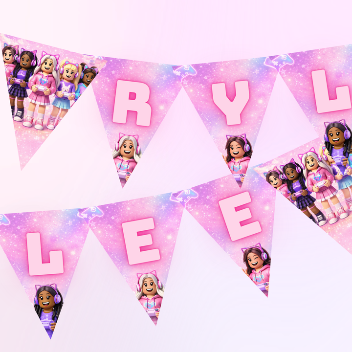 pink Roblox girl birthday banner printable gamer girl party backdrop decoration for kids party