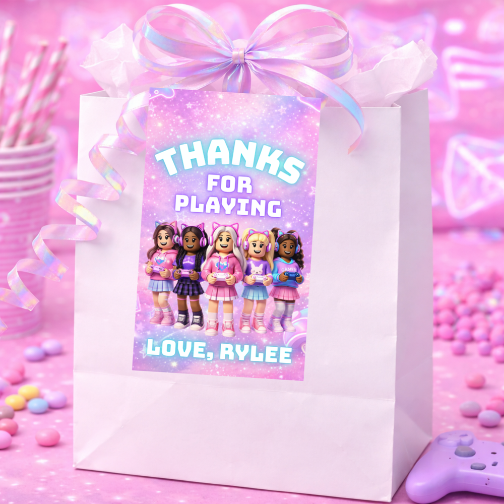 Roblox gamer girl party gift tags printable pink birthday favor tags for party bags and presents