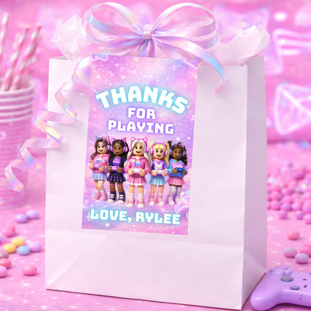 Roblox gamer girl party gift tags printable pink birthday favor tags for party bags and presents