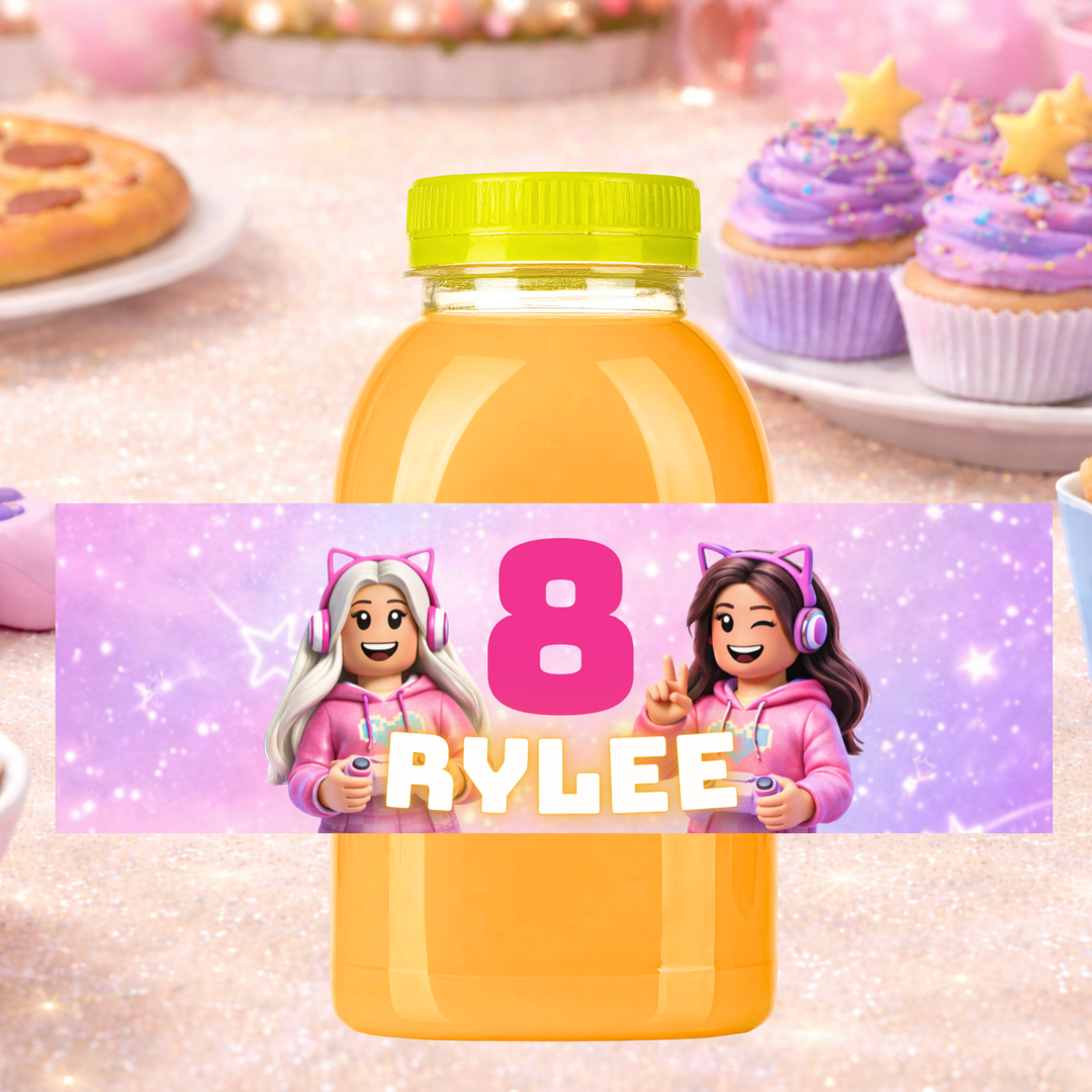 Roblox gamer girl party bottle labels printable pink birthday drink wrappers for kids party