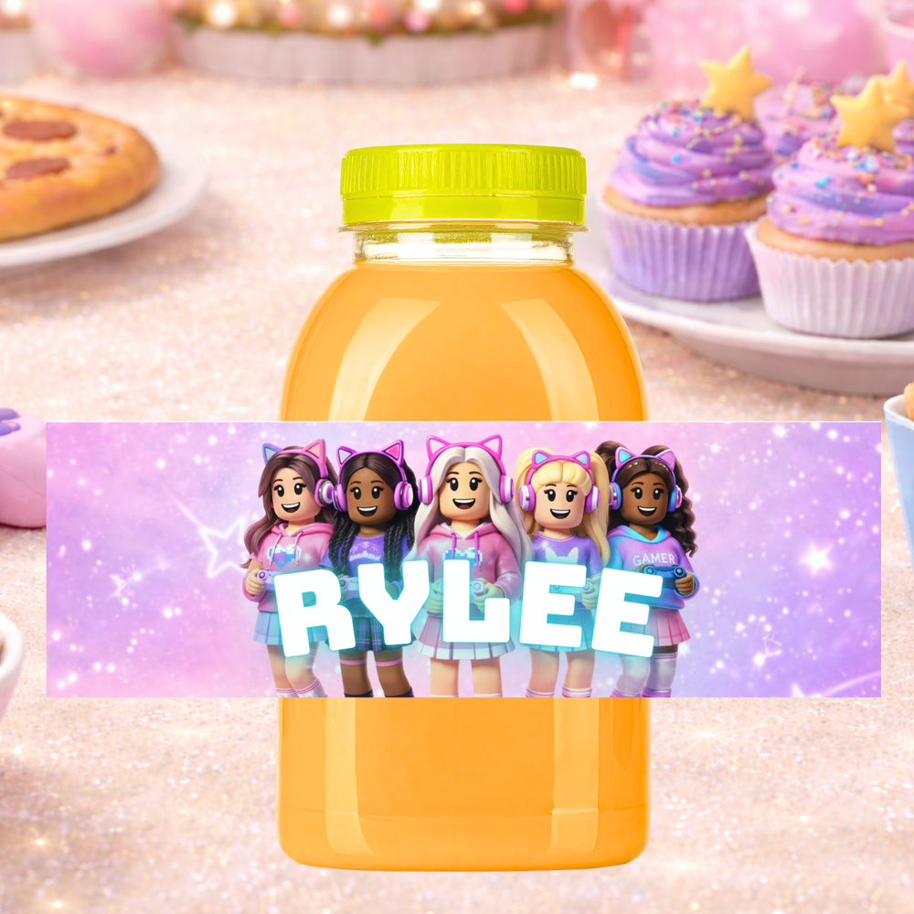 pink Roblox girl bottle wrappers printable gamer girl party drink decoration for water bottles