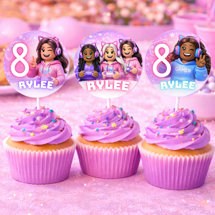 Roblox birthday girl cupcake toppers printable for gaming party dessert table