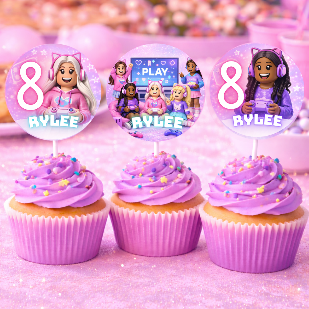 Pink gamer girl Roblox cupcake decorations personalized with name and age