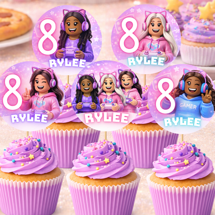 Roblox girl gamer party cupcake toppers printable pink gamer girl birthday cupcake decorations Canva template