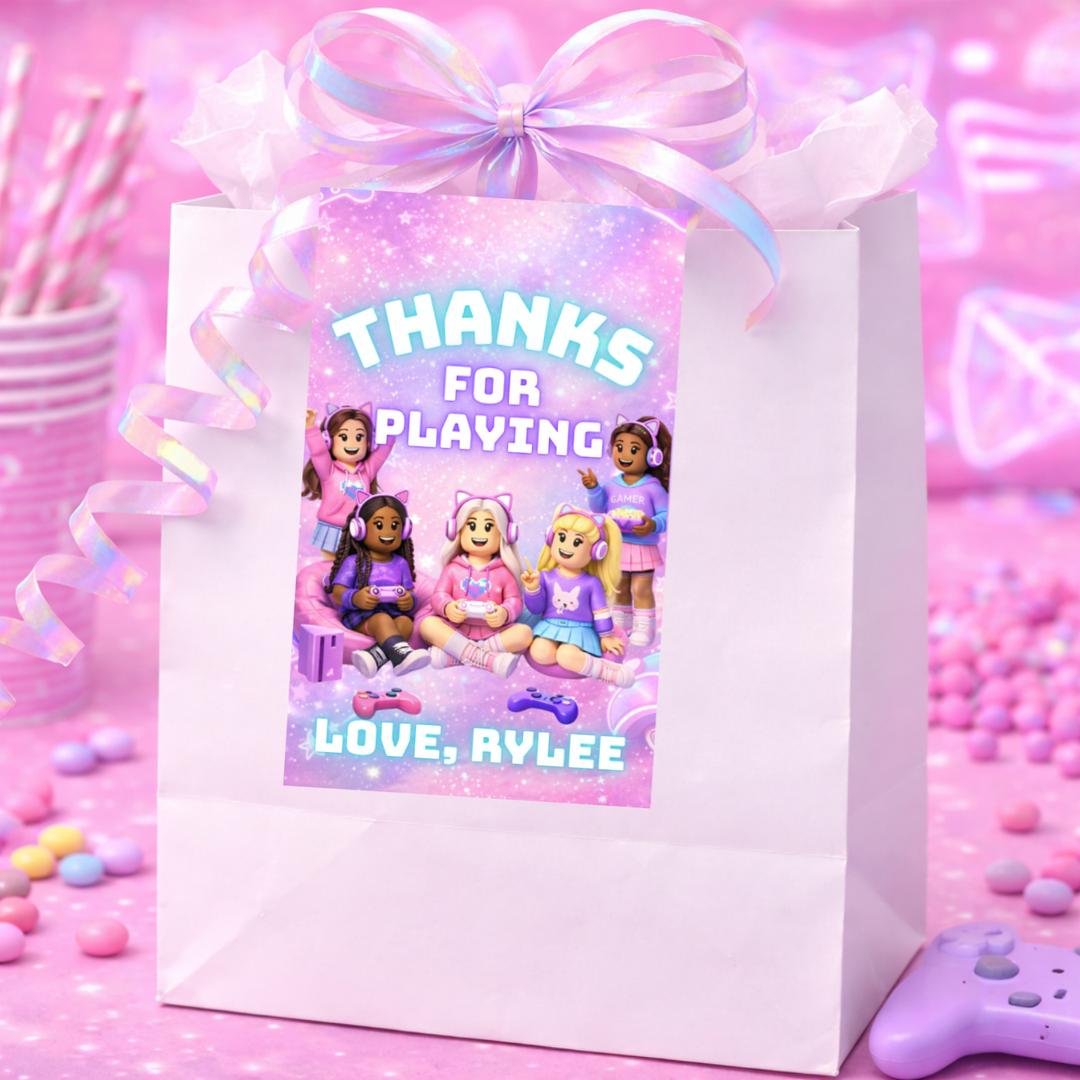 pink Roblox girl gift tags printable gamer girl party favor labels for kids birthday gifts